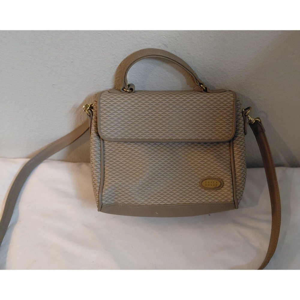 Vintage Crazy Horse Liz Claiborne Mini Crossbody Satchel Purse Beige Geometric